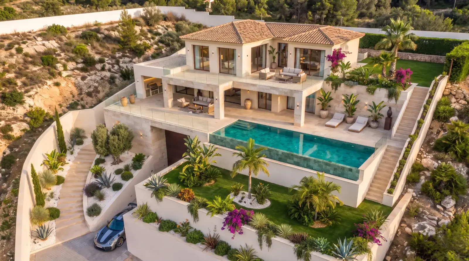 Villa met tuin en zwembad van bovenaf gezien