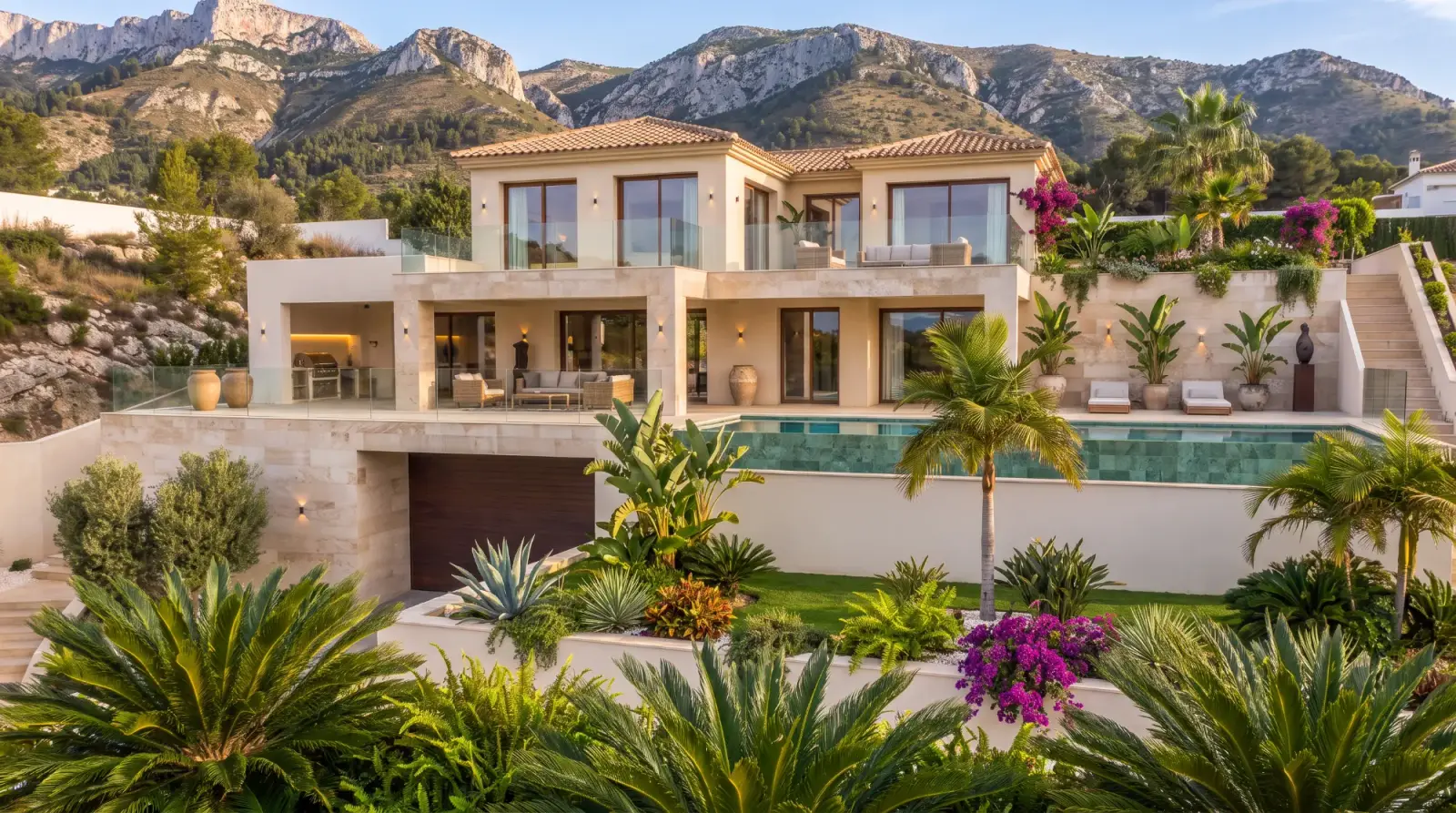 Villa met terrassen, zwembad en palmen tegen de bergen aan de Costa Blanca
