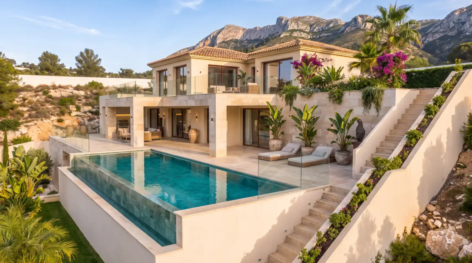 Zwembad en terras van een villa aan de Costa Blanca in het avondlicht